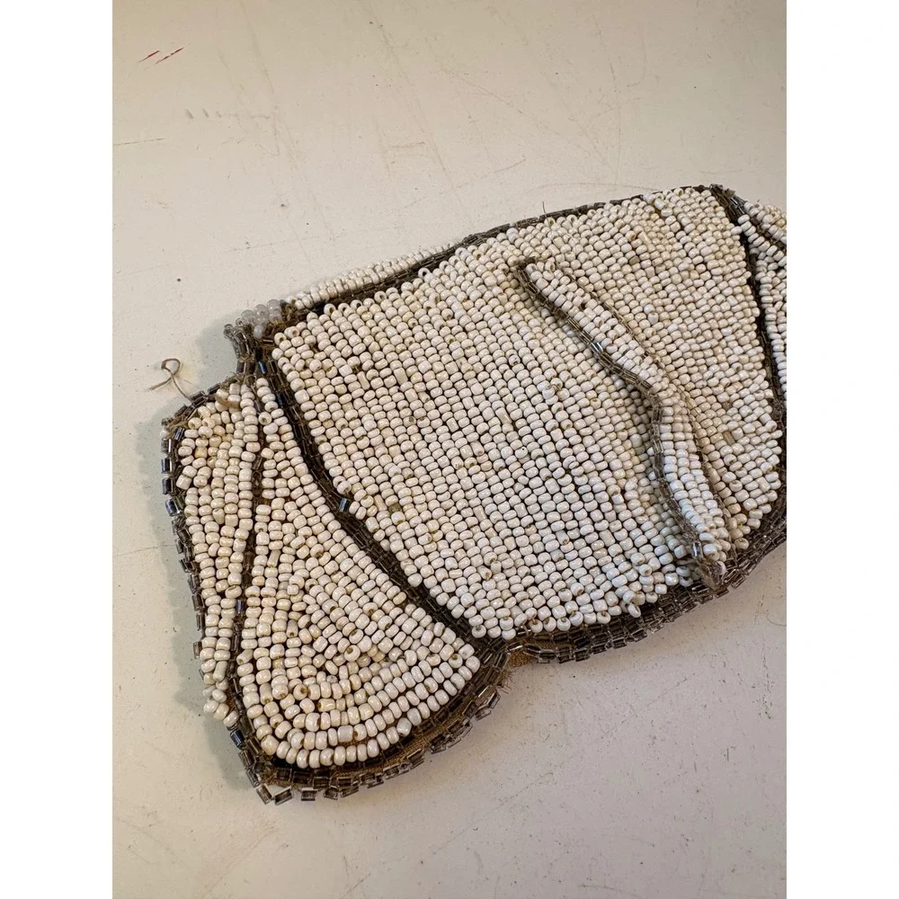 Vintage Style Cream Silver Seed Bead Geometric Clutch‎ Evening Bag Hand Beaded